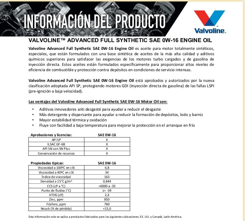 Aceite multigrado sintetico 0W16 Advance 5 qts Valvoline