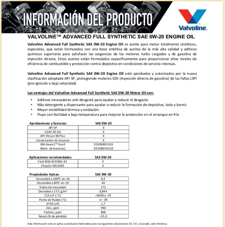 Aceite multigrado sintetico 0W20 Advance 5 qts Valvoline