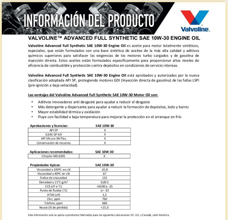 Aceite multigrado sintetico 10W30 Advance 5 qts Valvoline