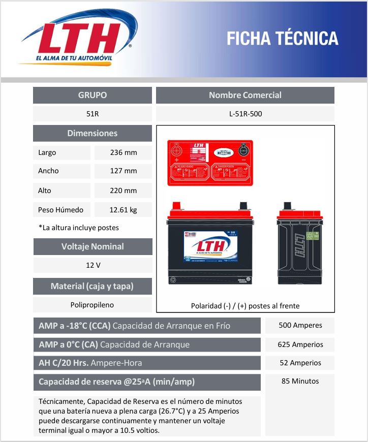 LTH Bateria Automotriz BCI L-51R 500 CCA
