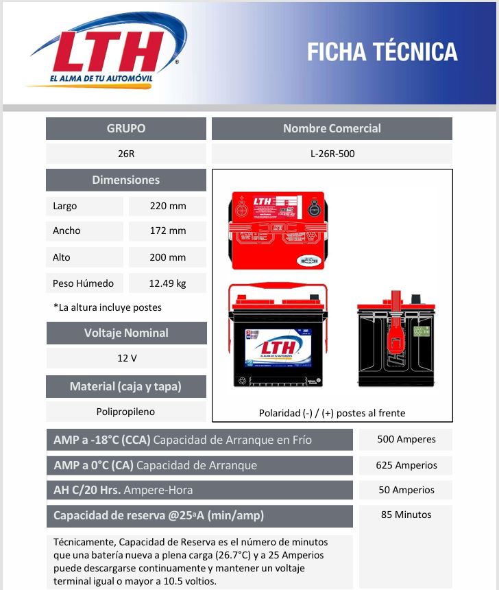 Bateria LTH BCI 26R 500 CCA