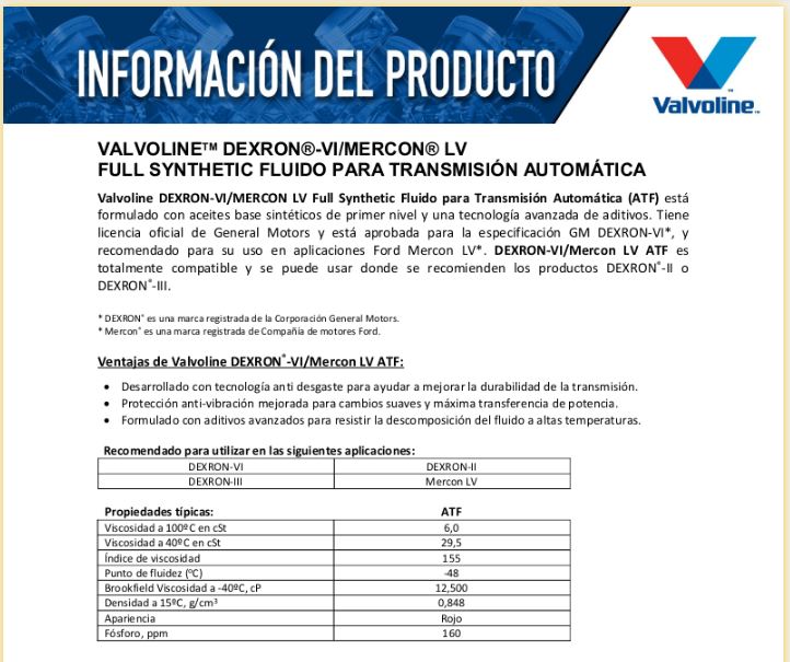 Aceite para transmision automatica Dexron VI/Mercon LV Valvoline 946ml