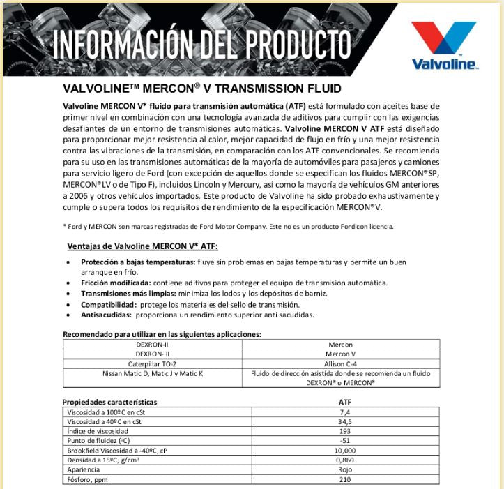 Aceite para transmision automatica Mercon V 946ml Valvoline