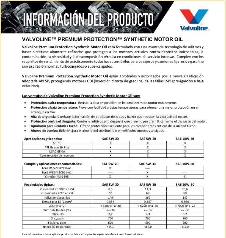 Aceite multigrado sintetico 5W20 Premium Protection 5 qts Valvoline