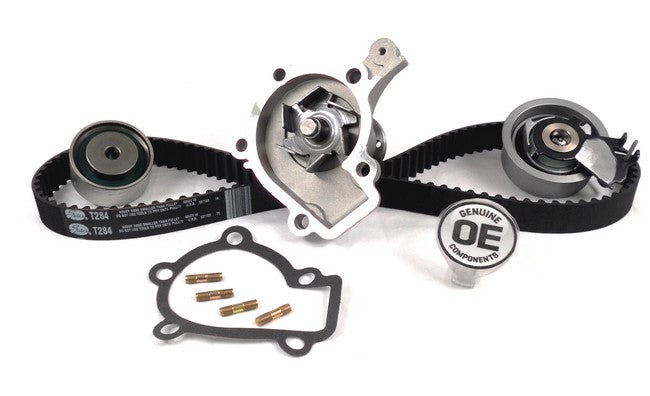 Gates Engine Timing Belt Kit with Water Pump P/N:TCKWP284A Fits: Hyundai Elantra 12-06, Hyundai Tiburon 08-07, Hyundai Tucson 09-06, Kia Soul 11-10, Kia Spectra 09-06, Kia Spectra5 09-06, Kia Sportage 09-06 - Image 1